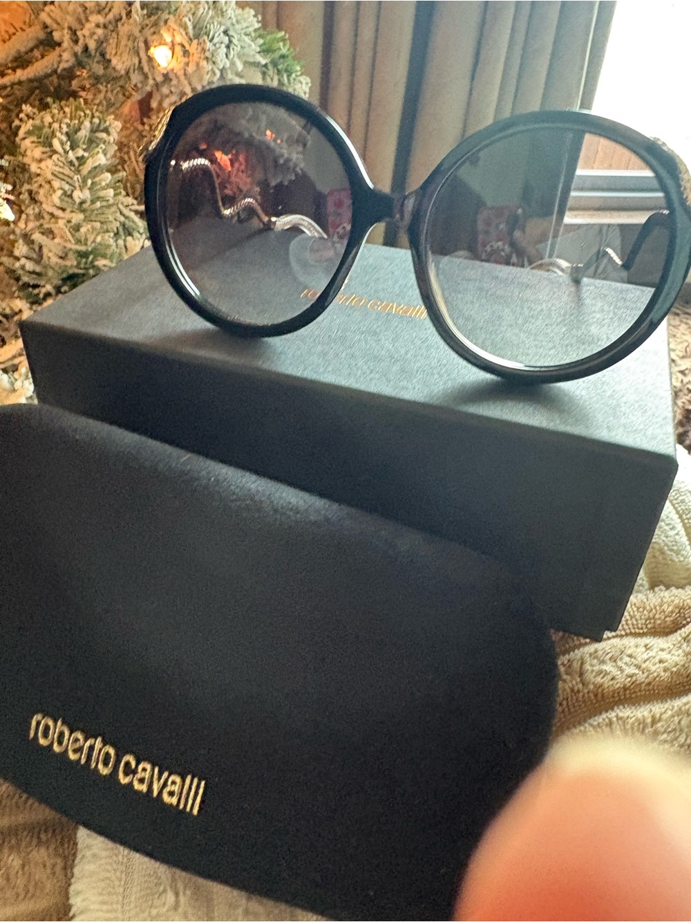 Roberto Cavalli Round Black Sunglasses with Gold Snake Temples